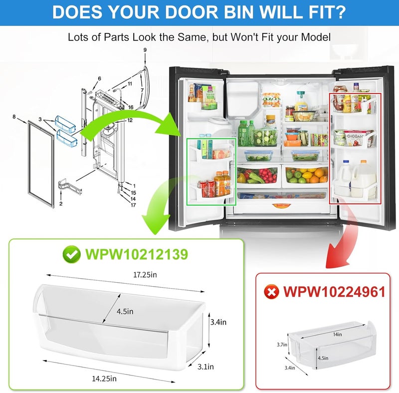 Alvar [2 PACK] UPGRADED WPW10212139 Refrigerator Door Bin Compatible with Whirlpool Refrigerator Door Shelf Replacement W10212139 Cantilever Bin WRX735SDBM00 WRF555SDFZ Left Maytag Refrigerator Door Shelf - Image 4